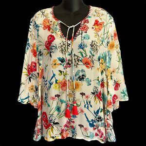 Feathers by Tolani Boho Floral Top Size Medium Floral Garden Fairy Goddess Sheer
